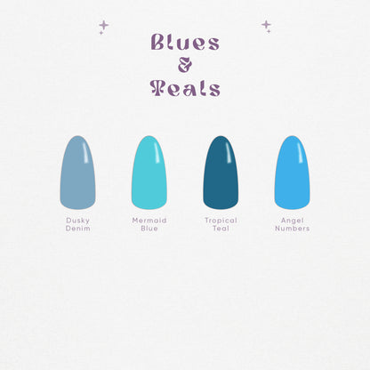 Blue and teal solid color press-on (digital) nail swatches including dusty blue, teal, and turquoise shades