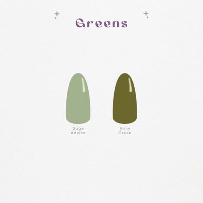 Sage and army green solid color press-on (digital) nail swatches.