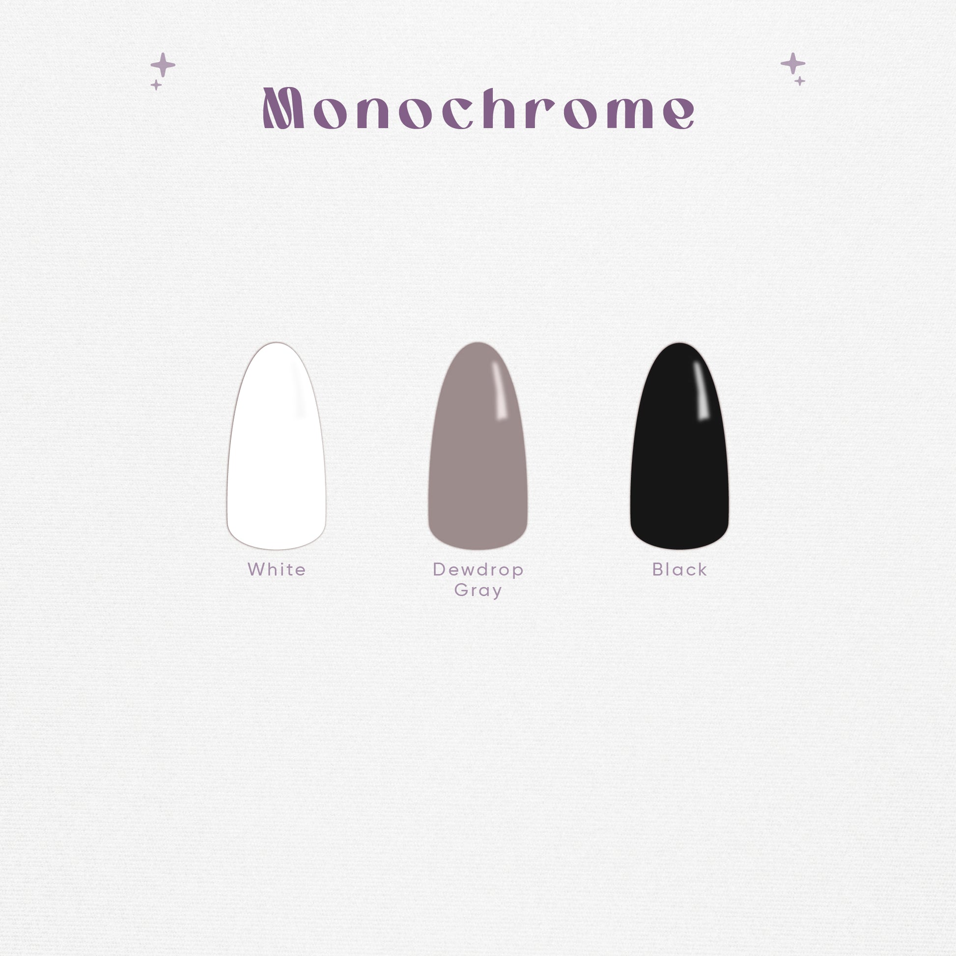 Black, white, and gray solid color press on (digital) nail swatches.