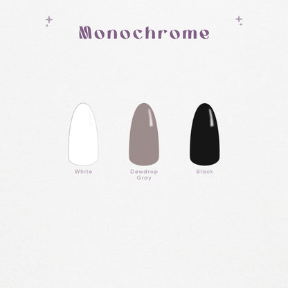 Black, white, and gray solid color press on (digital) nail swatches.