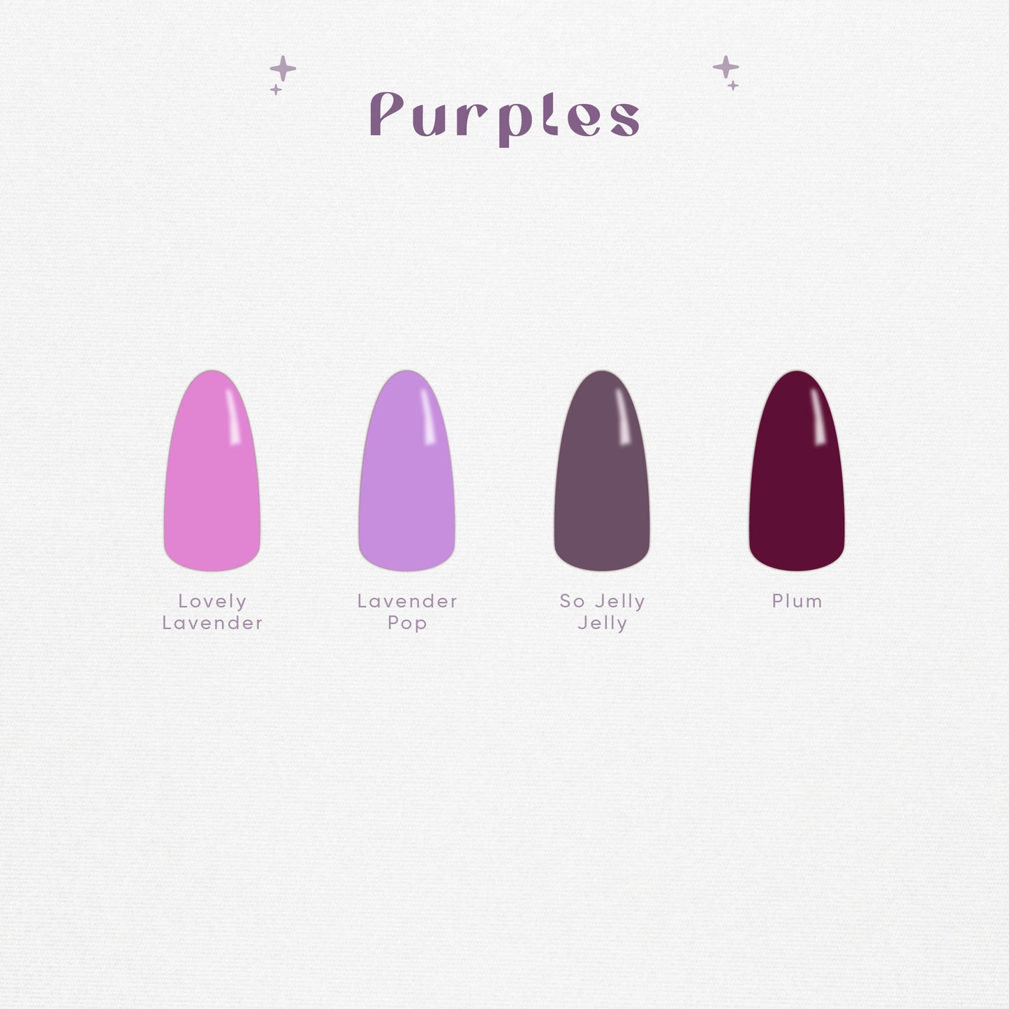 Purple solid color press on nail swatches including pink lavender, lavender, dark purple, and deep plum shades.