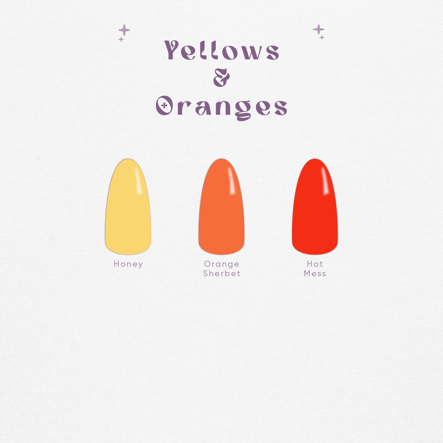 Yellow and orange solid color press-on (digital) nail swatches in bright tones.