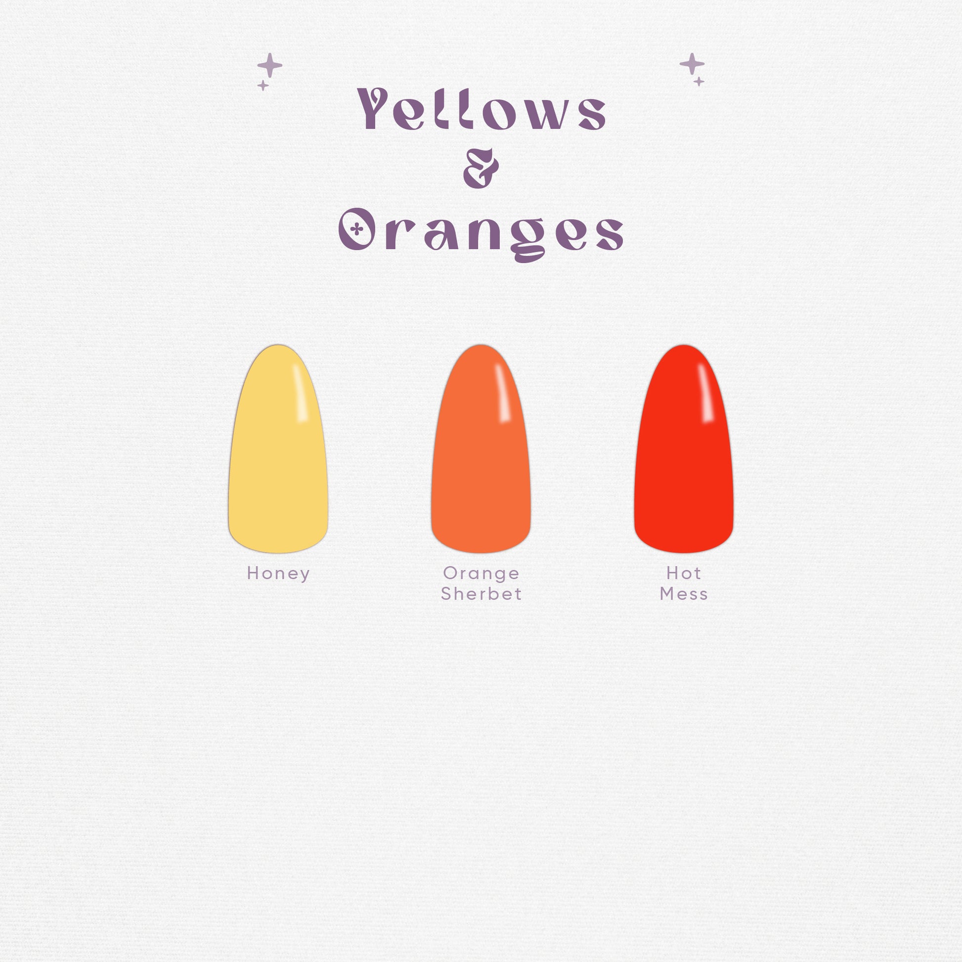 Yellow and orange solid color press-on (digital) nail swatches in bright tones.