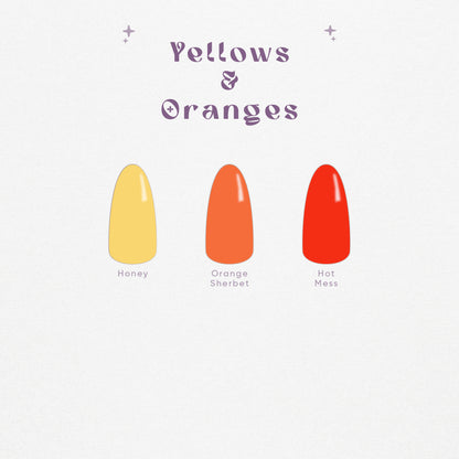 Yellow and orange solid color press-on (digital) nail swatches in bright tones.